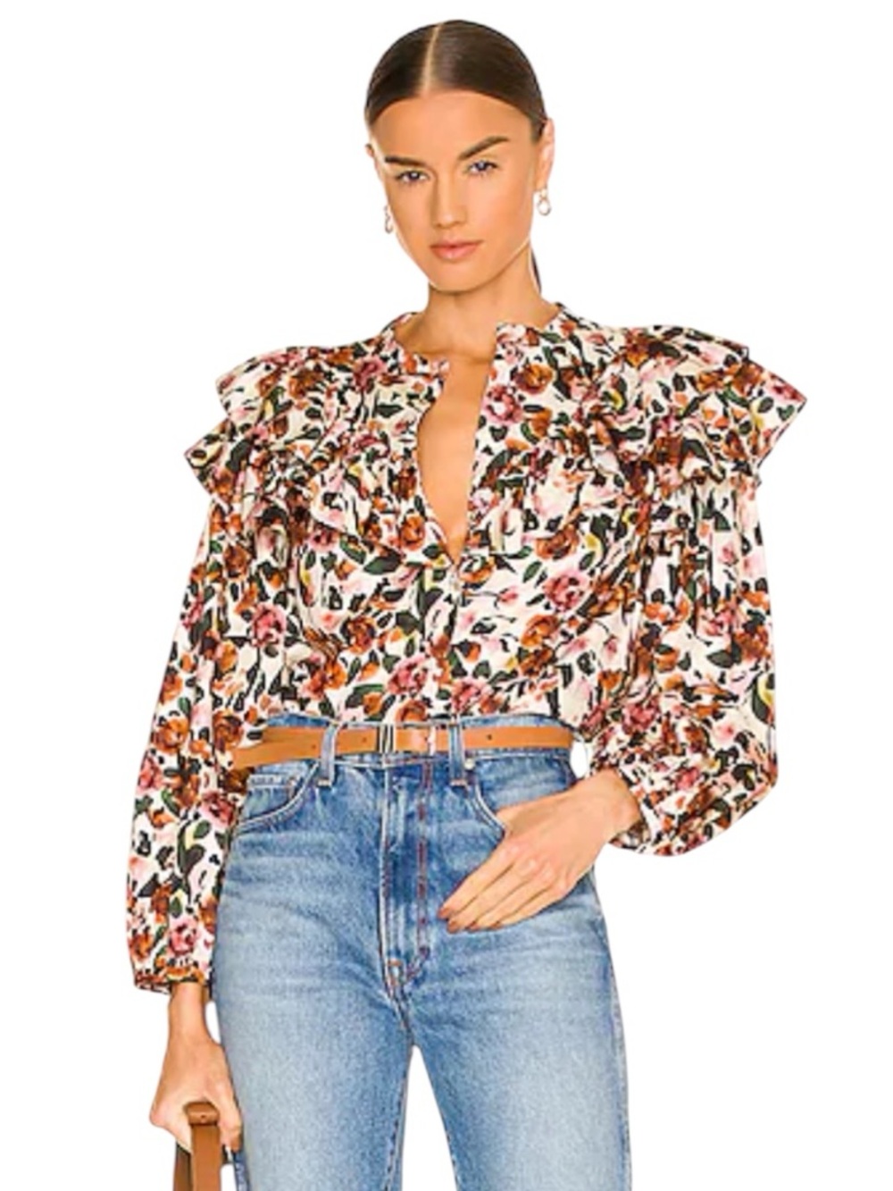 NWT Something Navy Floral Ruffle Button Front Blouse Medium Balloon Sleeve